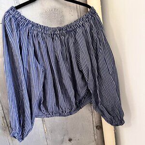 RAG & BONE NWT Mimi Blue and Gray Striped Linen Blend Bardot Blouse Sz XS